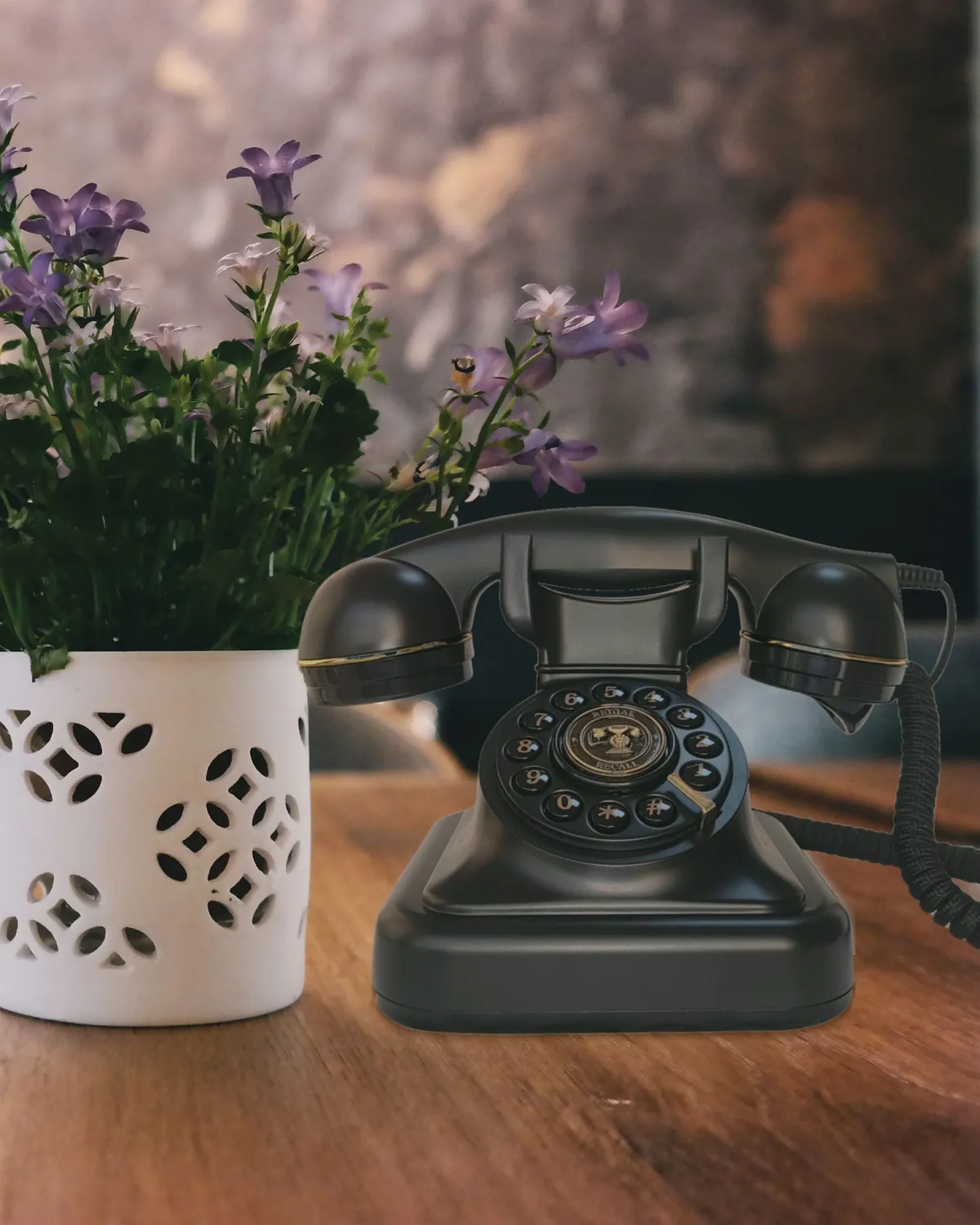 Georges, téléphone livre d’or noir mat, sur une table en bois à côté d’un pot de fleurs